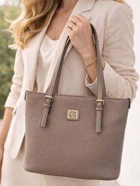 Anne Klein Taupe Pebbled Leather Tote Bag Gold Logo Shoulder Purse Classic Work